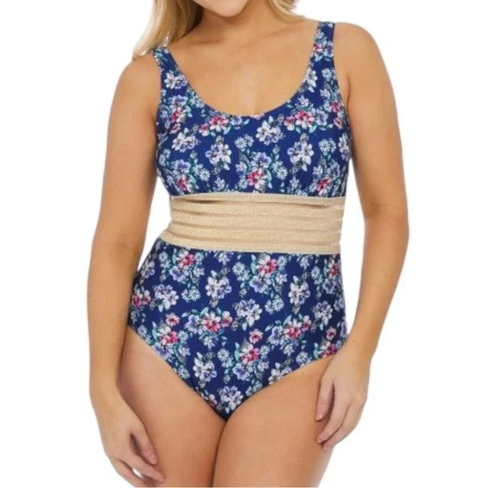 Nicole Miller Navy Floral Shimmer-Band One-Piece Swimsuit Women’s Size Large